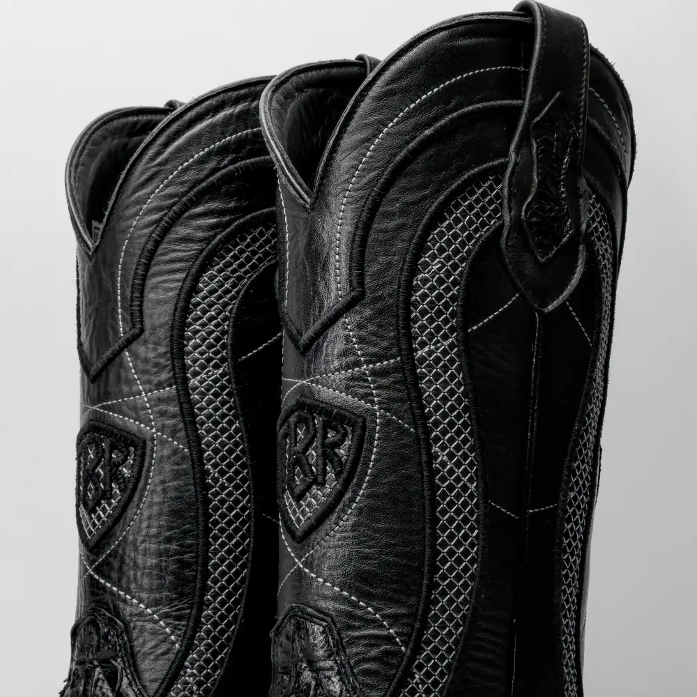 Black Caiman Neck Leather Boots - Square Toe