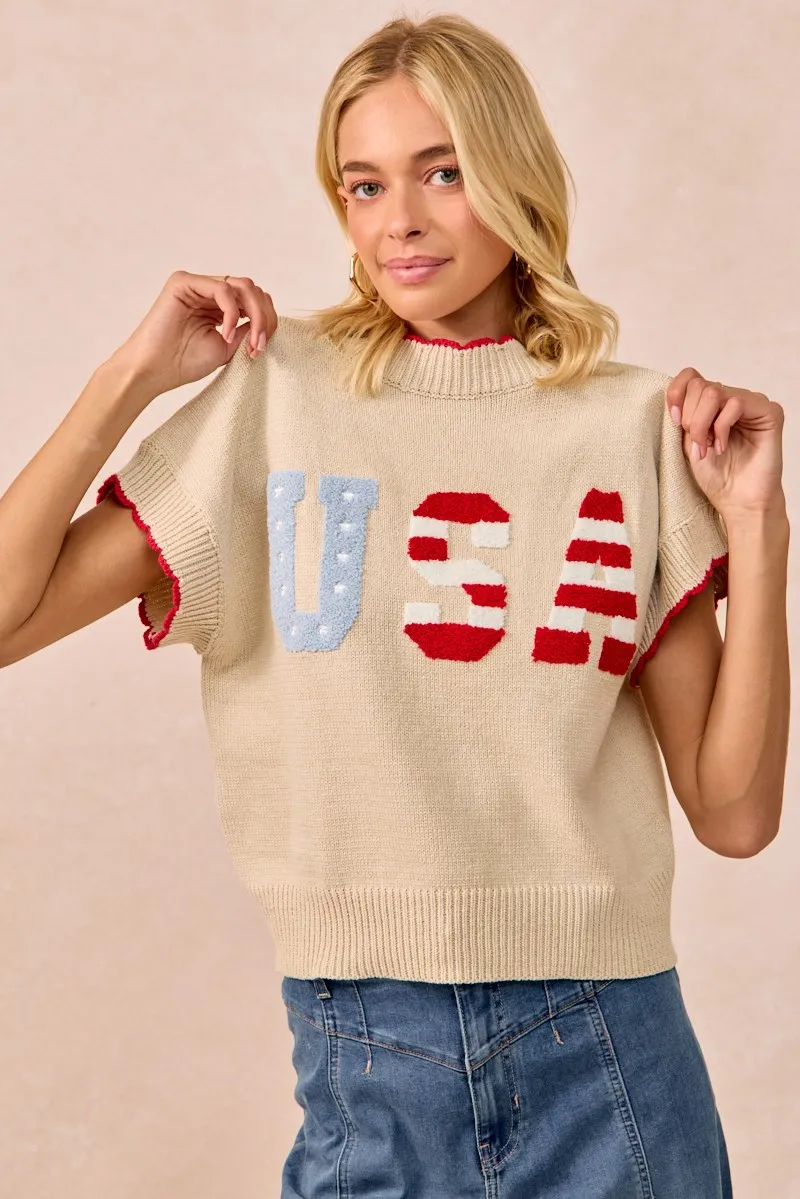 USA Patchwork Sweater Vest Top With Contrast Detail