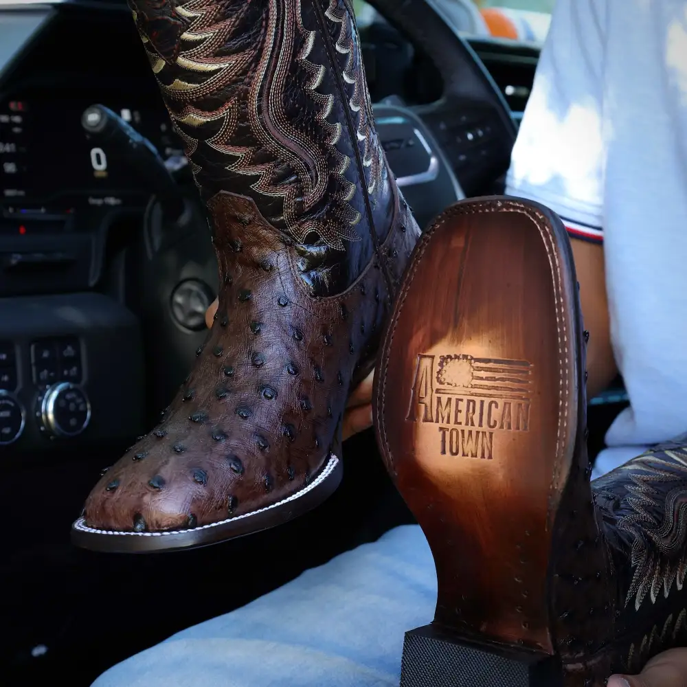 Men’s Chocolate Ostrich Leather Boots — Square Toe