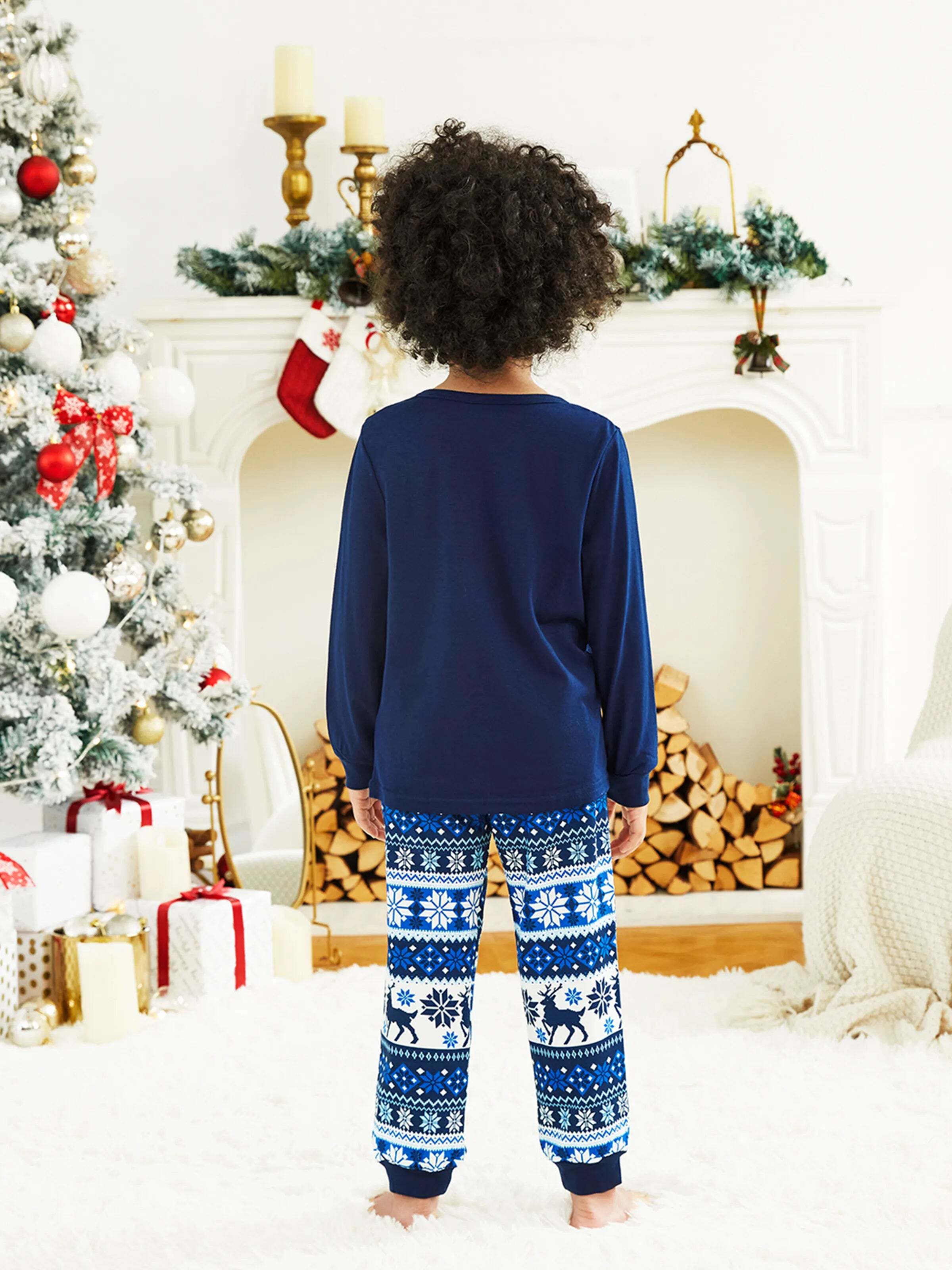 Mosaic Family Matching Letter Top Reindeer Pants Christmas Pajamas Sets with Christmas Socks Deep Blue