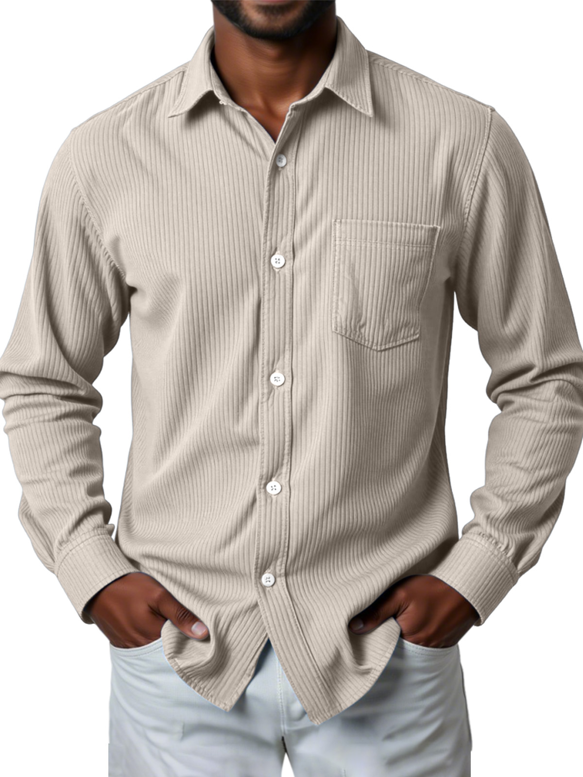 Men's Casual Solid Color Pit Striped Long-sleeved Shirt