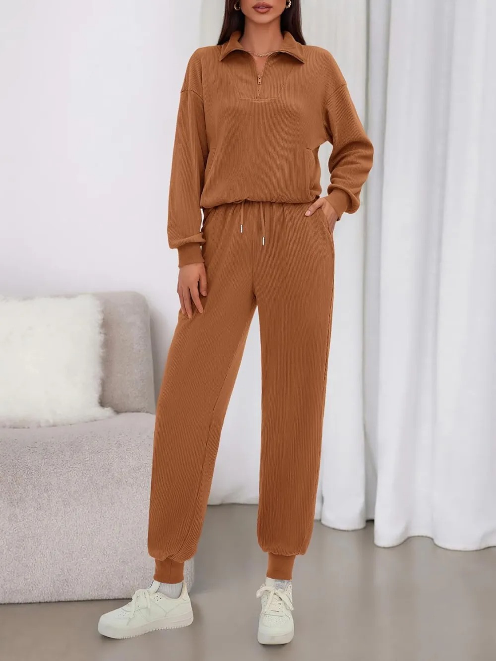 Women's Long Sleeve Half Zip Sweatshirt Sweatpants Lounge Set Sweatsuits with Pockets