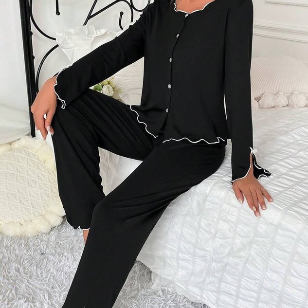 Ruffle Hem Long-Sleeved Trousers Two-Piece Set Comfortable High-End Home Wear Suit Casual And Good For Sleeping