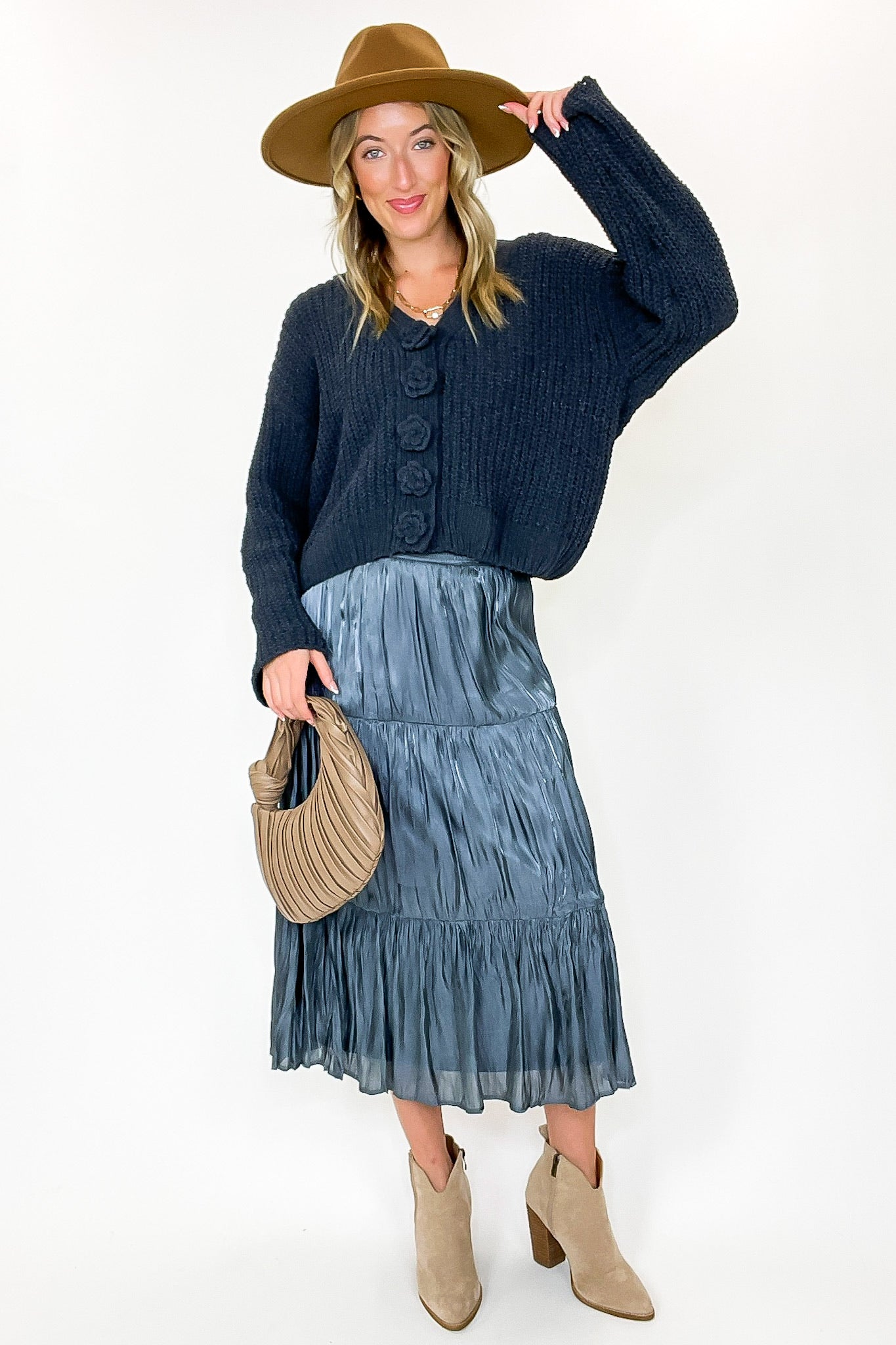 Captivating Delight Tiered Crinkle Shimmer Satin Skirt