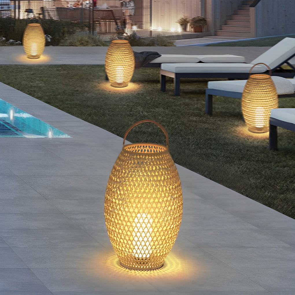Portable Bamboo Rattan Lanterns Shape Waterproof LED Modern Lawn Light