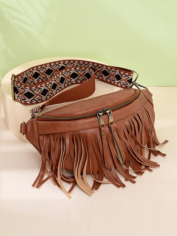 Geometric Tasseled Zipper Crossbody Bags