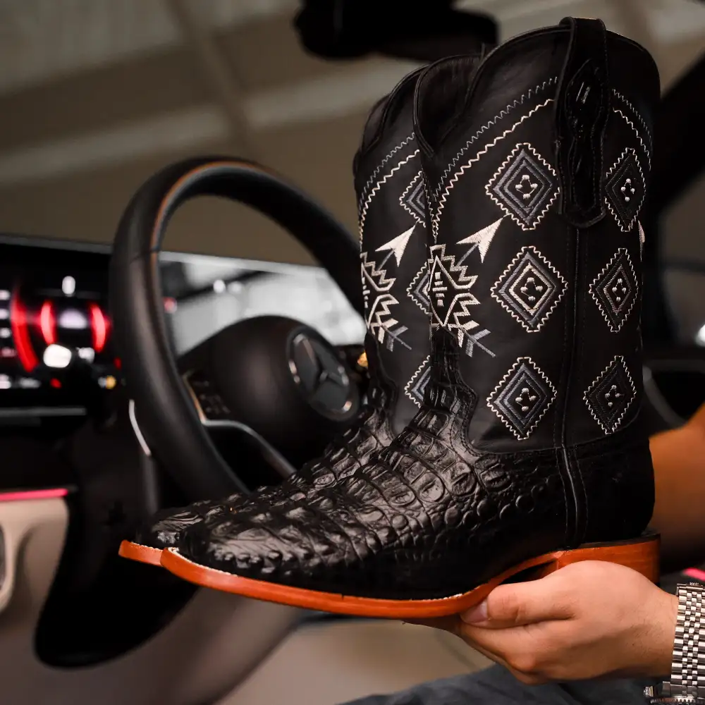 Black Caiman Neck Leather Boots - Square Toe