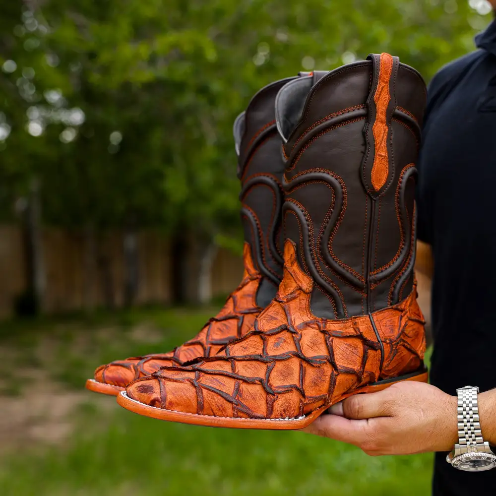 Matte Rustic Cognac Pirarucu Leather Boots - Square Toe