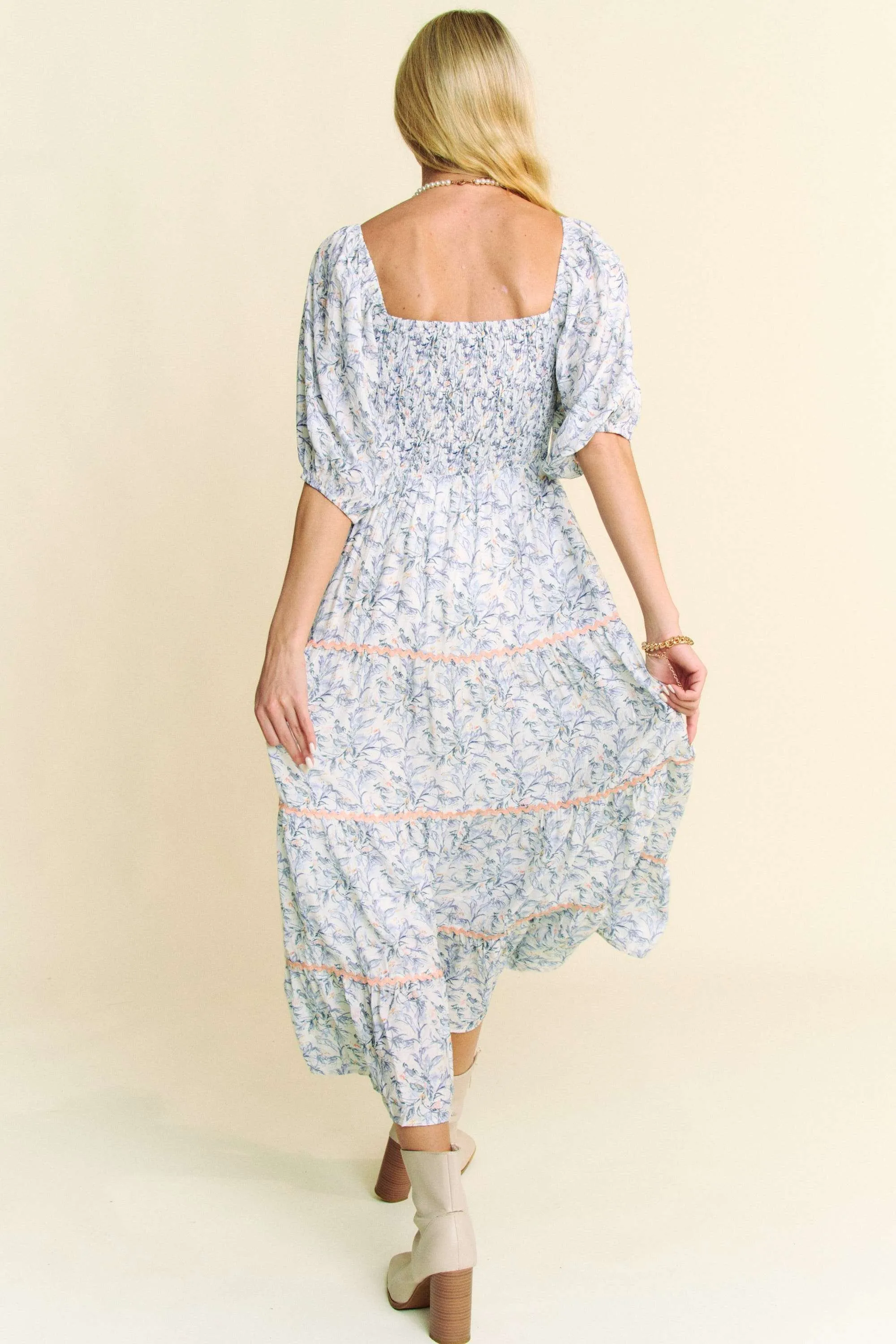 Contrast Ric Smocking Bodice Tiered Midi Dress