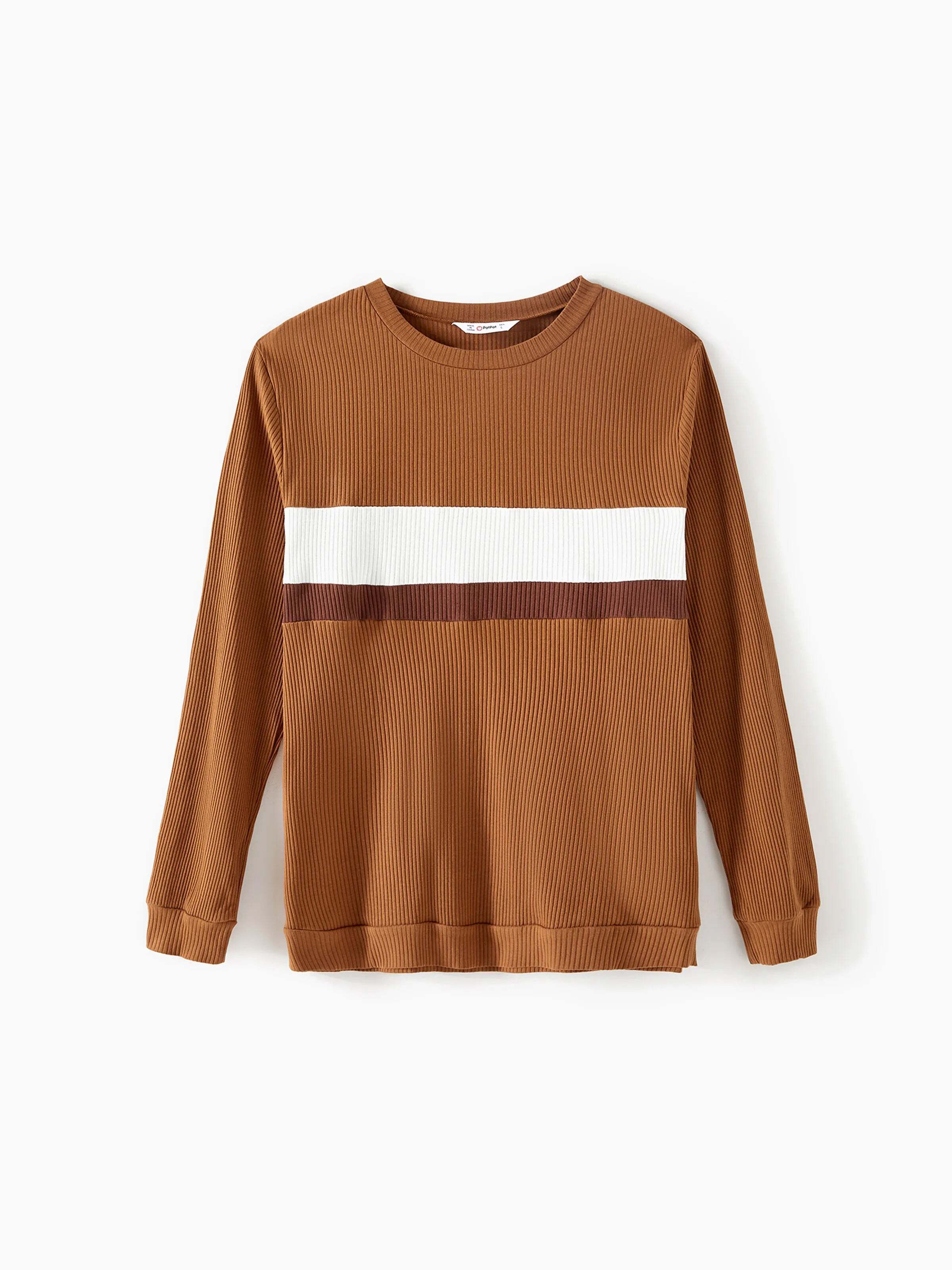 Family Matching Coffee Ribbed Spliced Plaid Belted Dresses and Long-sleeve Colorblock Tops Set Coffee