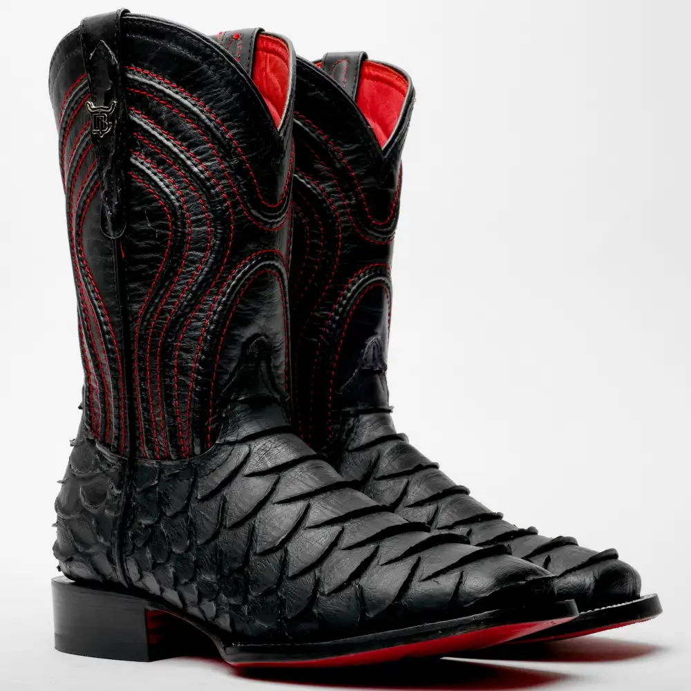 Matte Black Jumbo Python Leather Boots - Square Toe