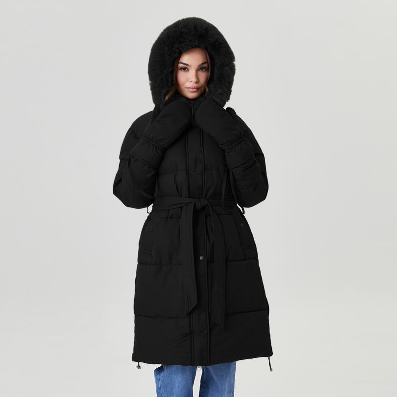 Women's Classy Solid Color Fluffy Hooded Waist Tie Zipper Thermal Long Outerwear with Gloves