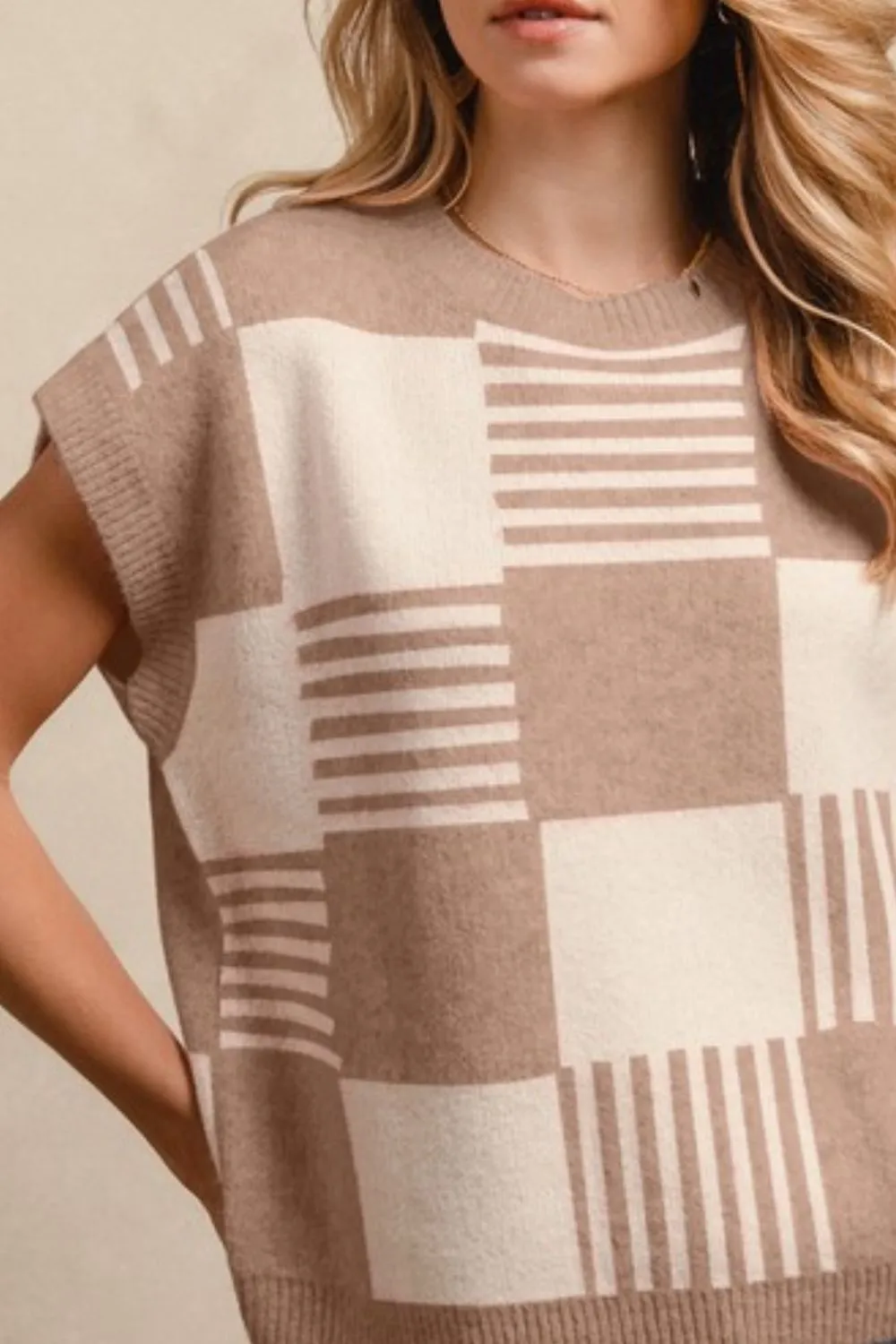 Checker With Stripes Pattern Sleeveless Sweater