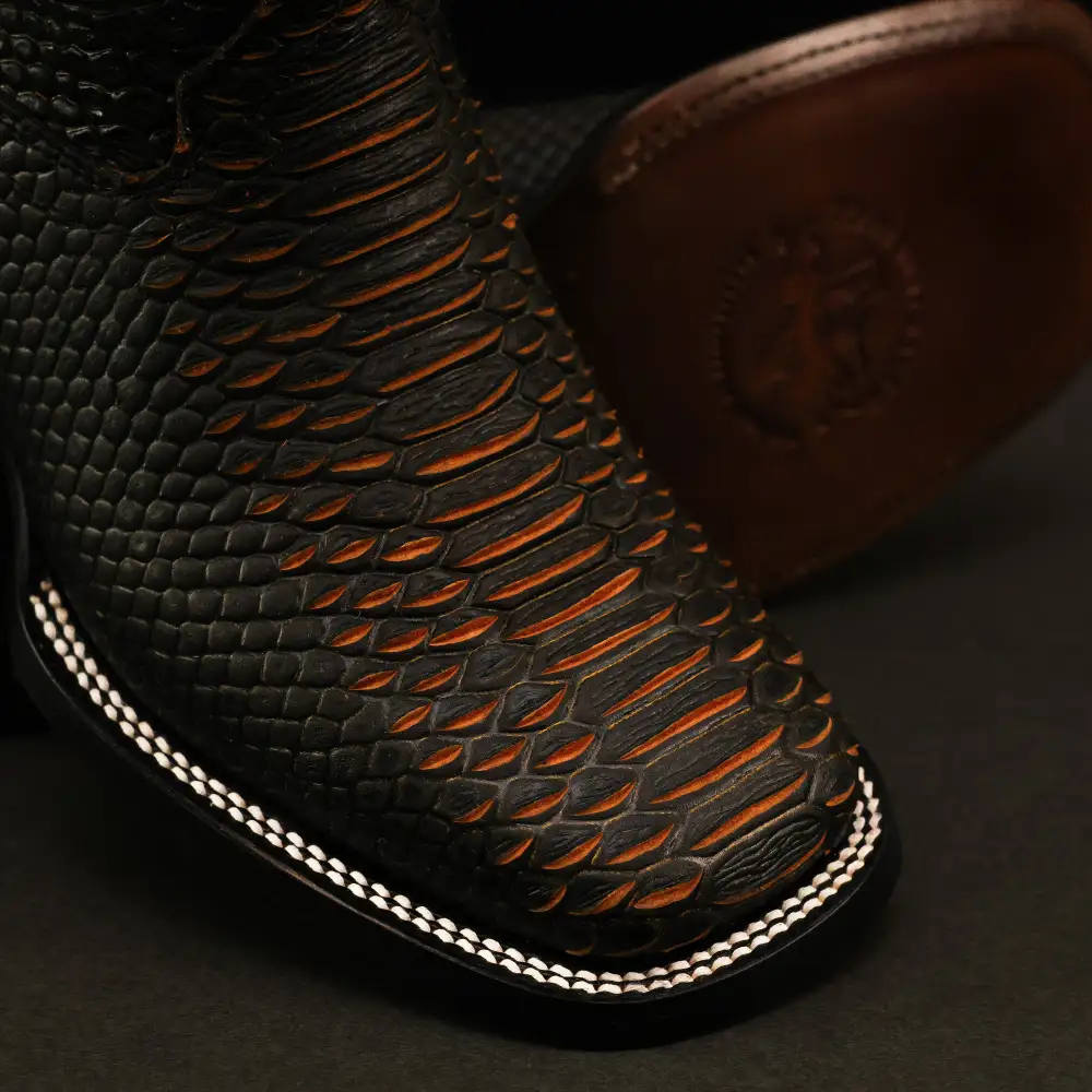 Matte Black Python Leather Boots - Square Toe