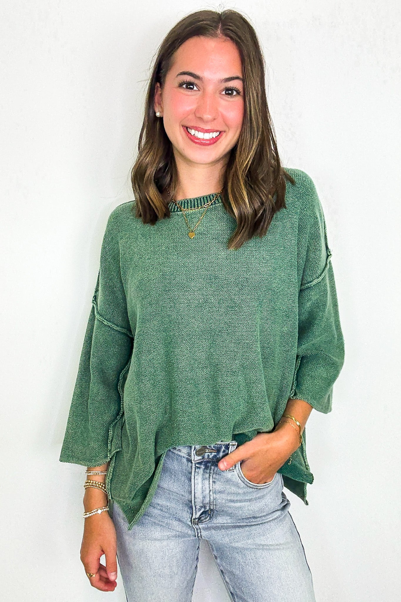 Cozy Fade Washed 3/4 Sleeve Relaxed Sweater