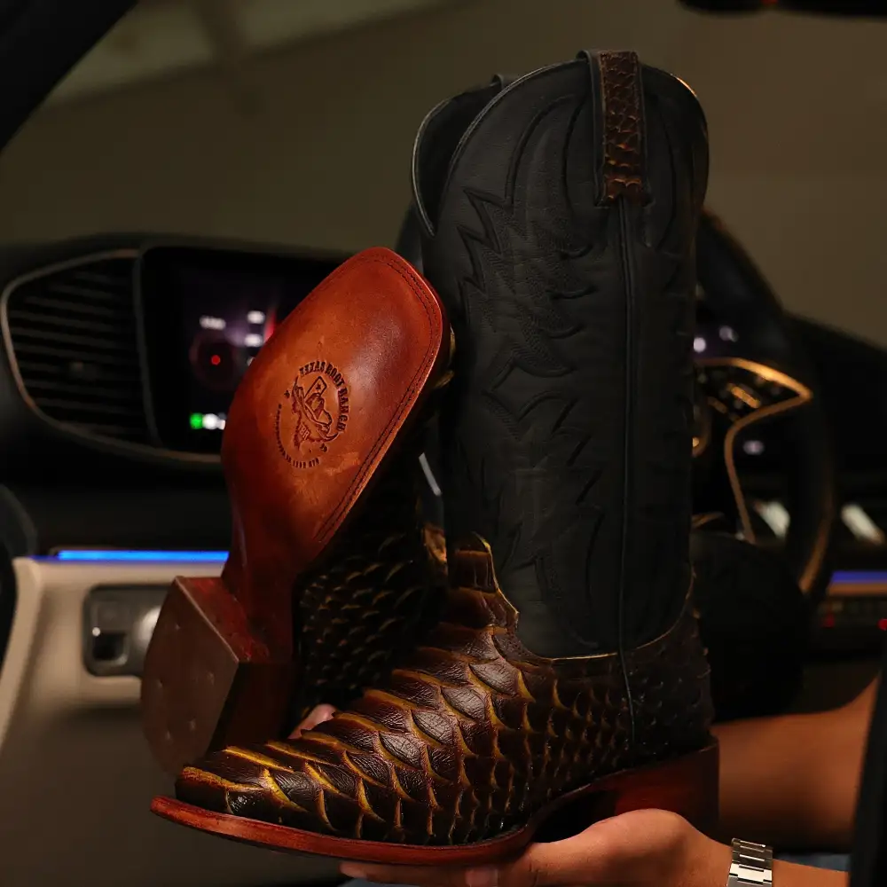 “Bumblebee” Brown Jumbo Python Leather Boots - Square Toe