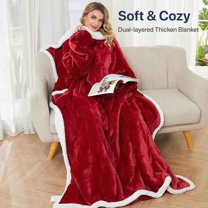 ❄️Wearable Luxury Sheepskin Blanket, Unisex Bathrobe & with Sleeves and Foot Bags🎄