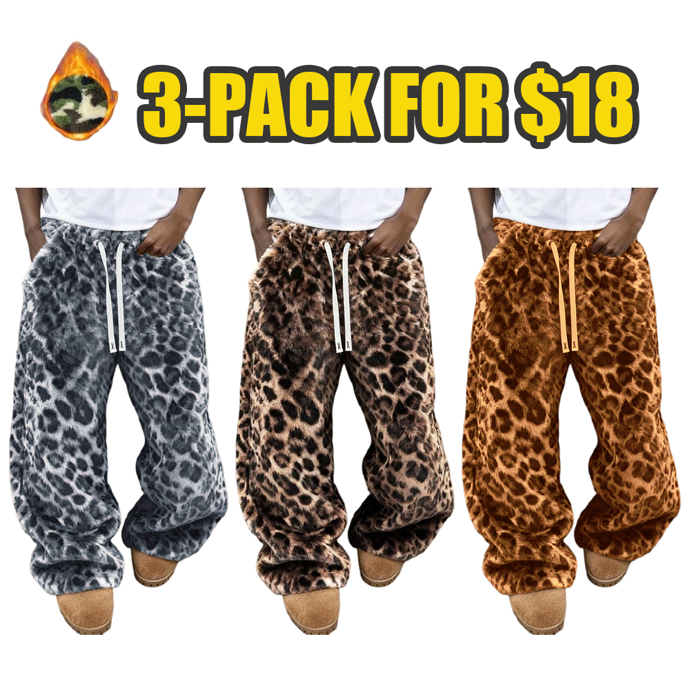 Unisex Leopard Print Fleece Pants, Soft Rabbit Fur Fabric, Fall Winter Warm Comfort, Street Hip Hop Style, Daily & Outdoor Wear