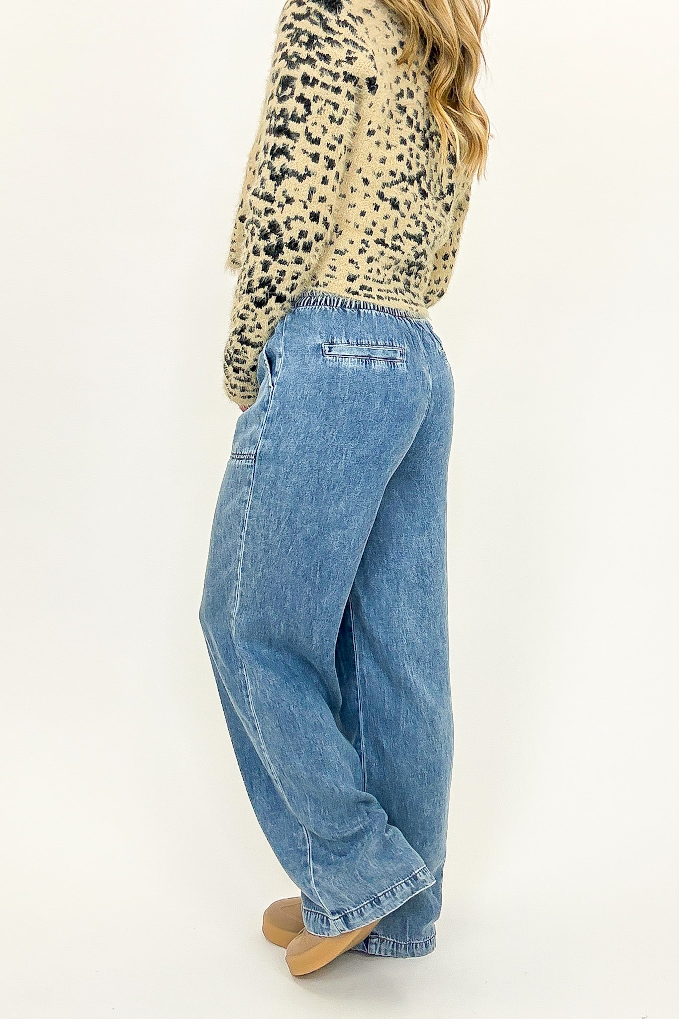 Blue Drift Washed Chambray Elastic Waist Wide Leg Pants