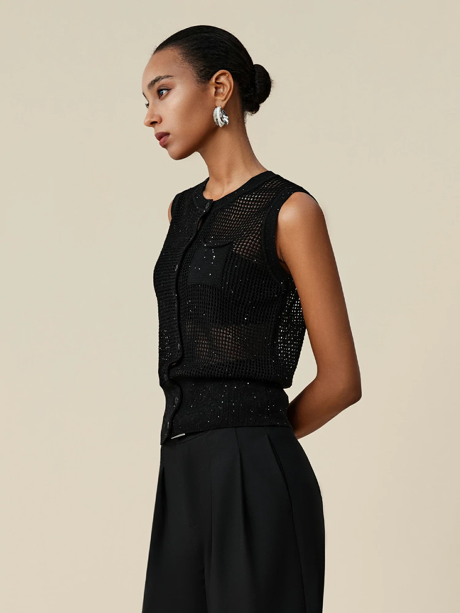 Lyocell & Linen Round Neck Hollow Sequin Vest