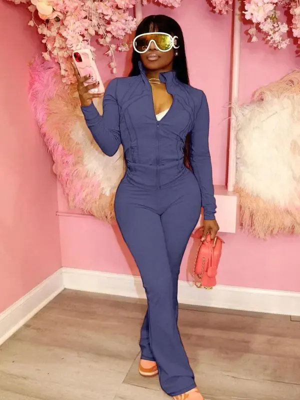 Women's Casual Sporty Two-Piece Set, Long Sleeve Zipper Design, Regular Fit, Fall & Winter, Fashionable Women's Clothing