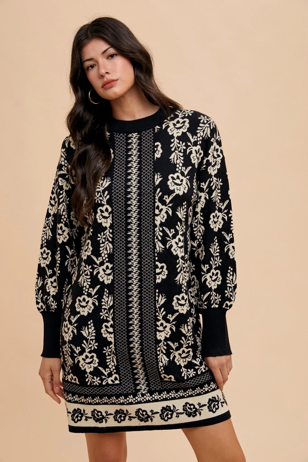 Wear Floral Jacquard Round Neck Sweater Dress