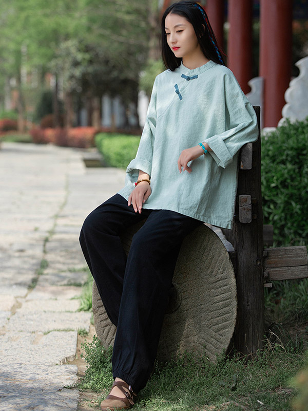 Vintage Linen Frog Loose Long Sleeve Shirt Tops