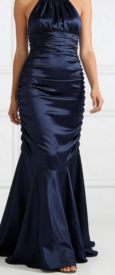 Slinky Ruched Halter Maxi Dress (Navy & Charcoal Gray)