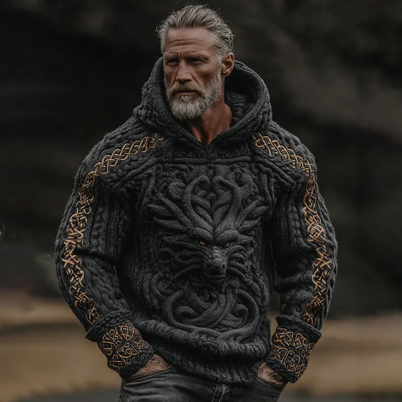 Men's Vintage Viking Dragon Celtic Art Knit Hooded Sweater