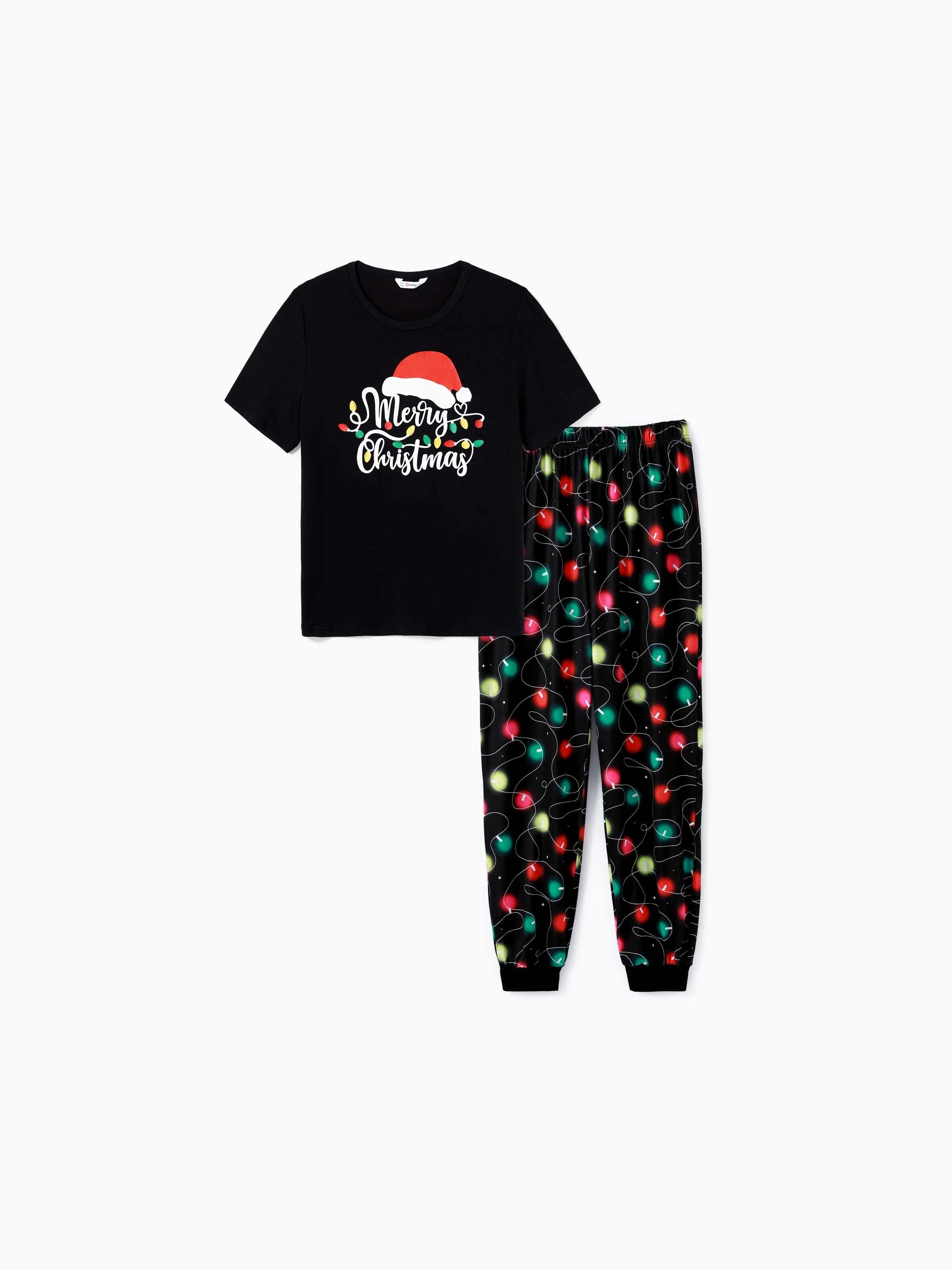 Christmas Family Matching Letters&Festive light bulb Print Short-sleeve Pajamas Sets Black