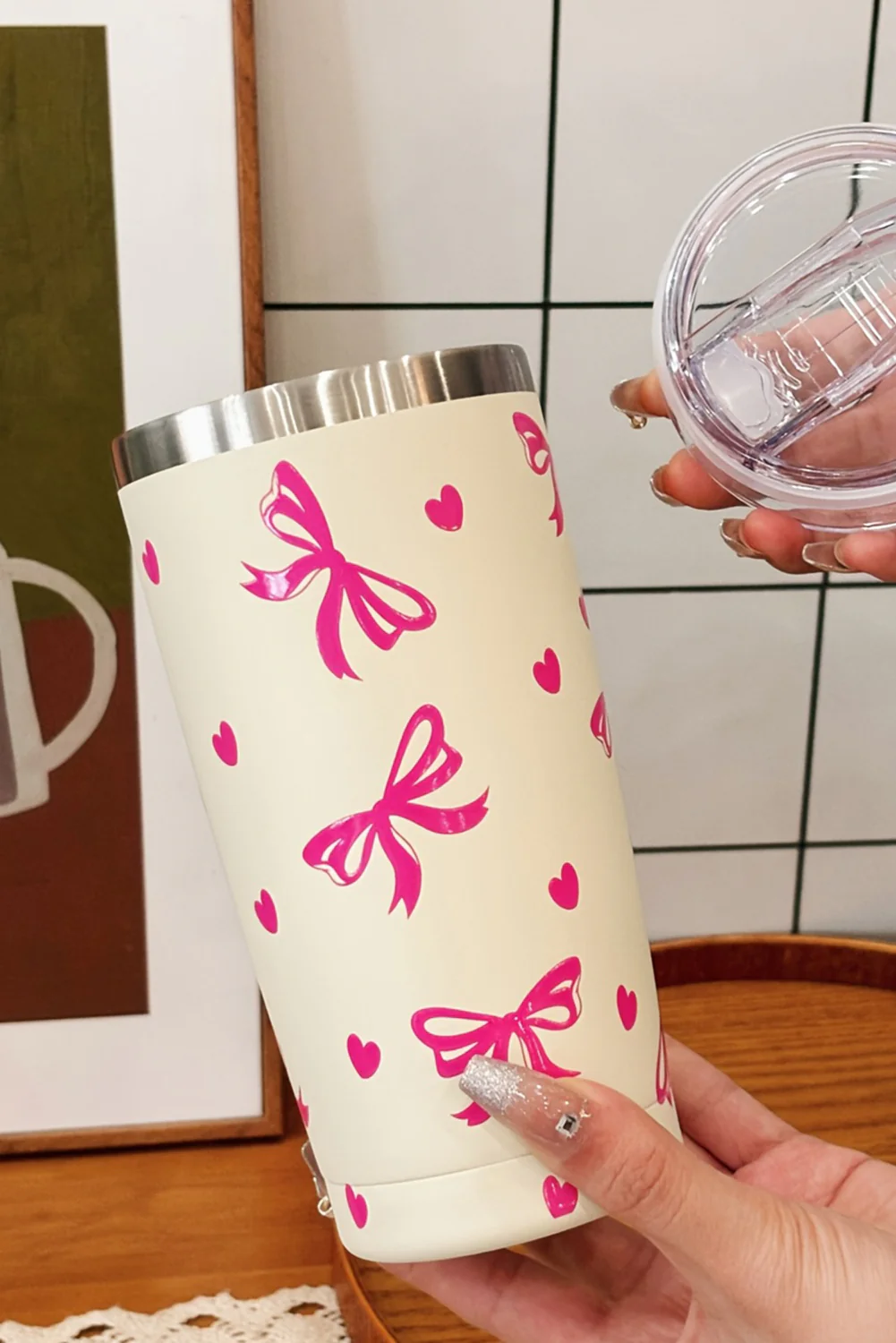 Rose Red Bows Hearts Printed Insulated Stainless Steel Cup