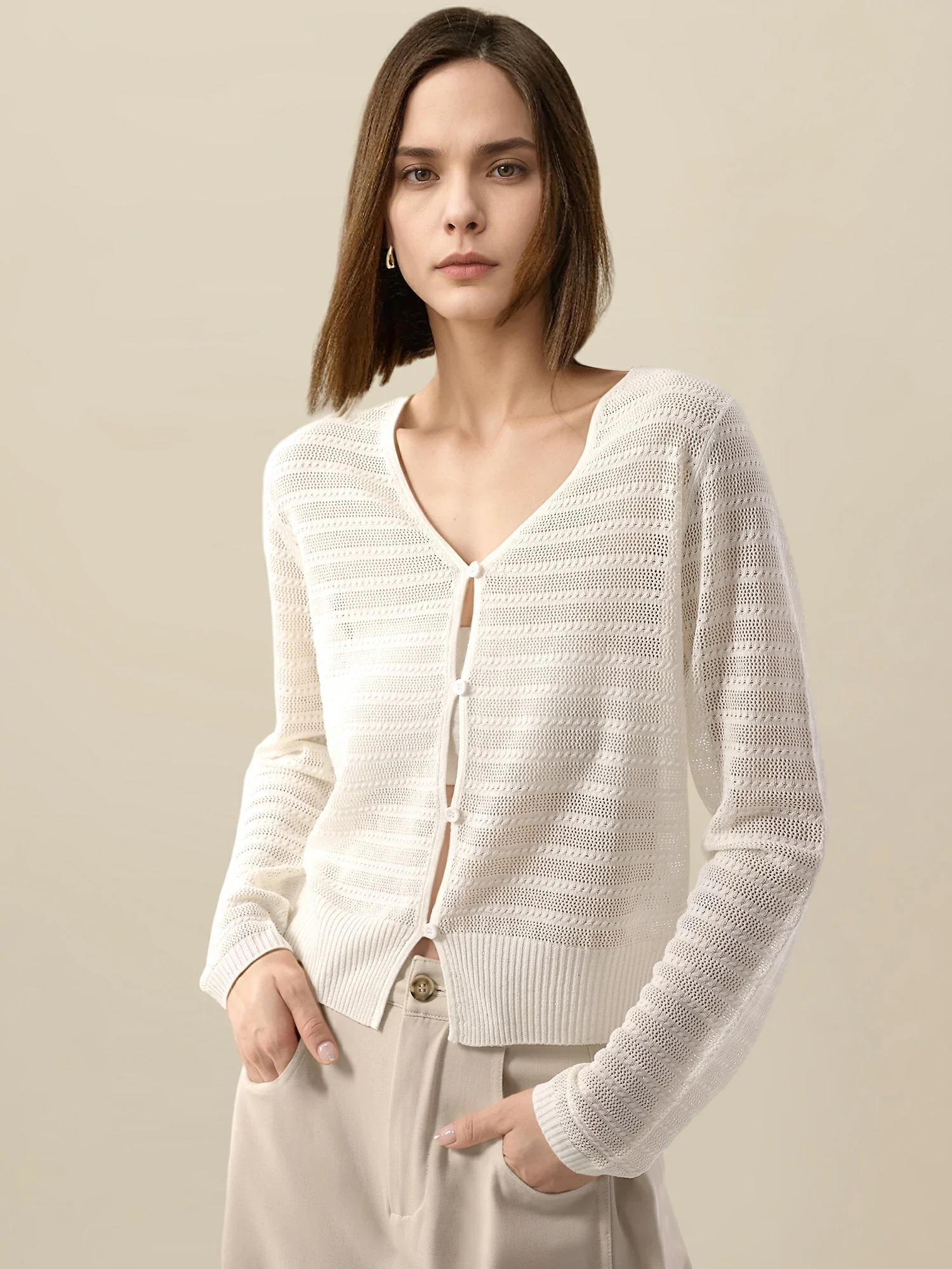 Linen & Lyocell V-Neck Long Sleeve Cardigan
