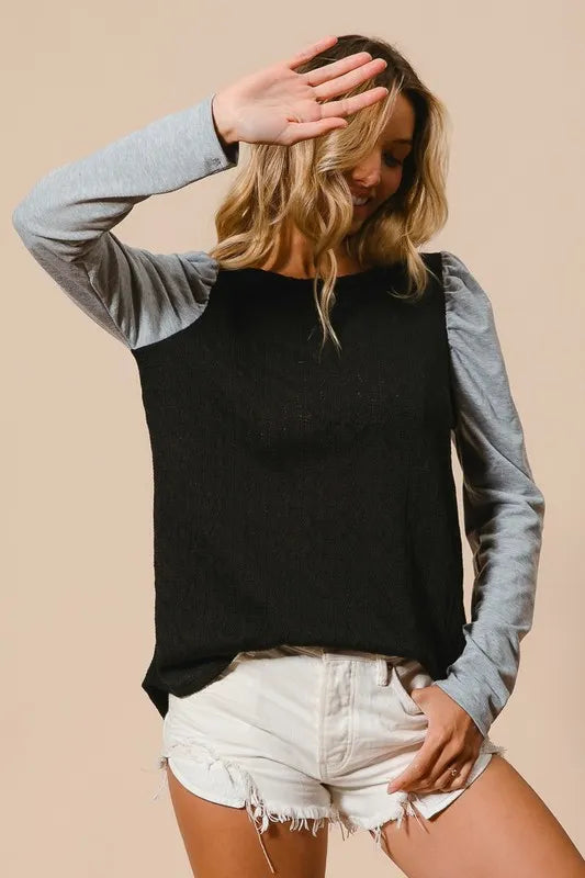 Cable Sweater Knit Top with Contrast Puff Sleeve