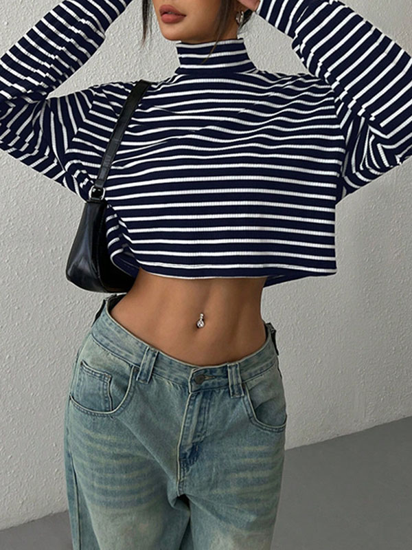 Contrast Color Split-Joint Striped Long Sleeves Loose High Neck T-Shirts Tops