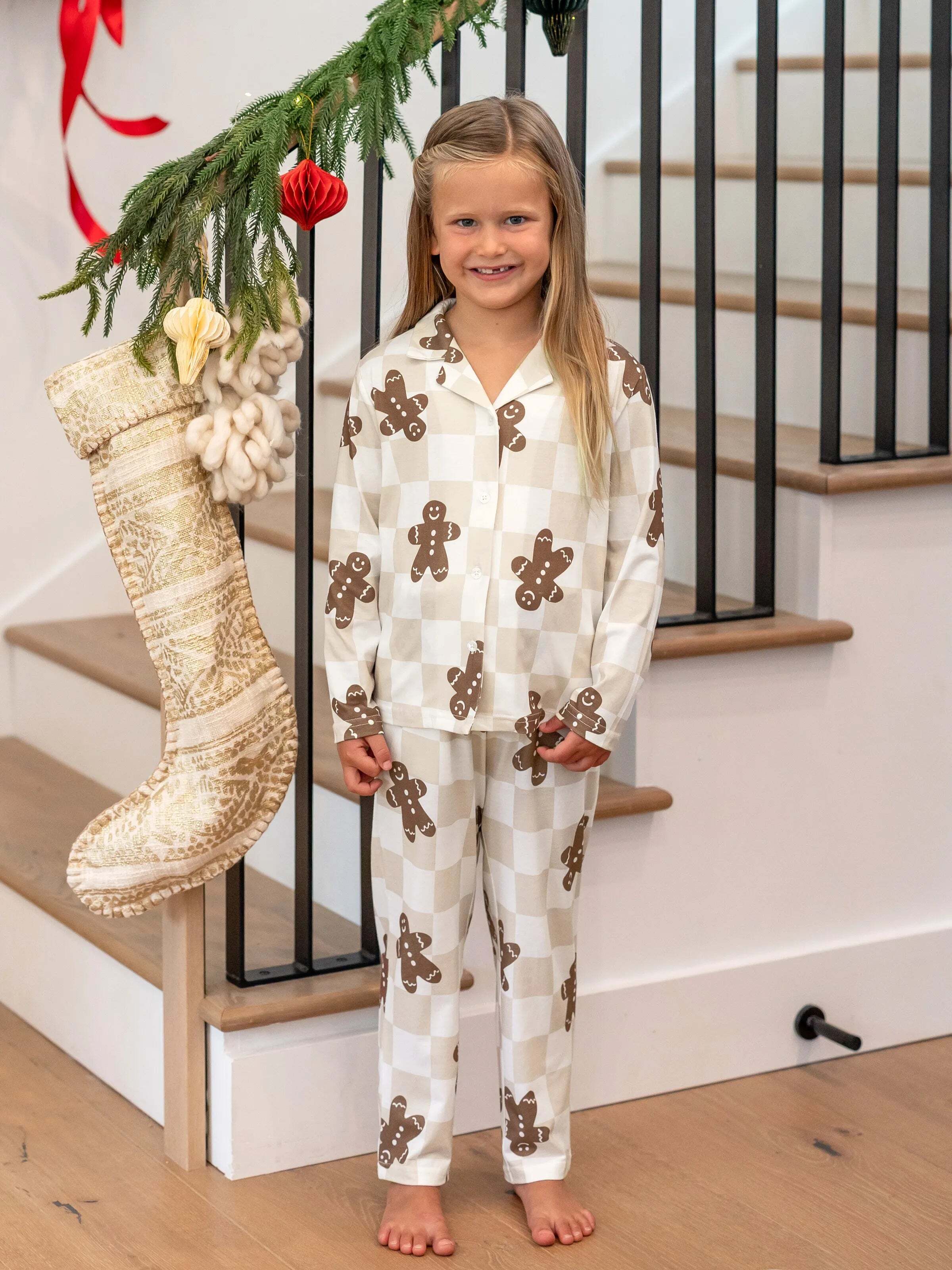 Christmas Matching Family Pajamas Set Block checkered Gingerbread Print PJS with Christmas Socks Khaki