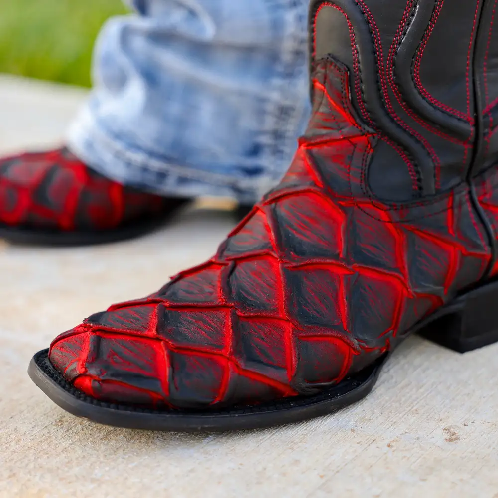 Matte Rustic Black Cherry Pirarucu Leather Boots - Square Toe