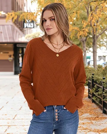 V-Neck Knit Sweater for Women - Apricot Basic Fitted Minimalist Crochet Details Breathable Lightweight Pullover Top