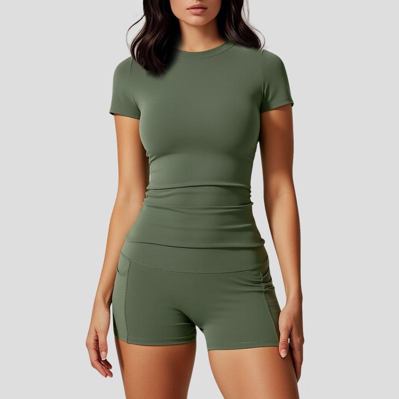 Women's two-piece set sports suit, round neck T-shirt and high waist shorts with pockets