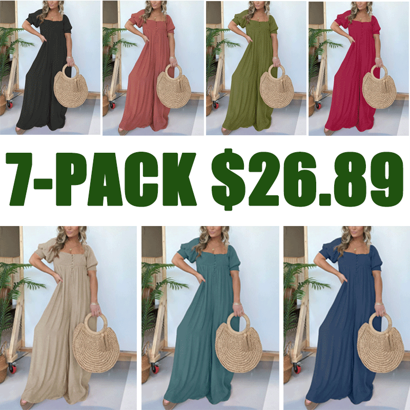 Women's Square Neckline Jumpsuit with Smocked Bodice Button