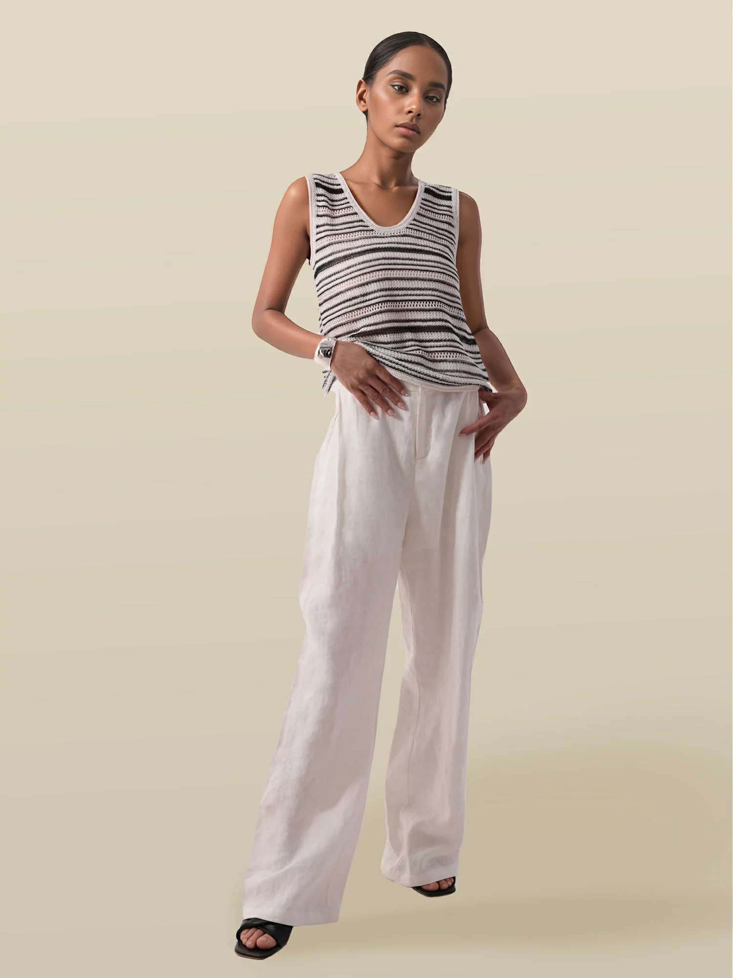 Lyocell & Silk U Neck Sleeveless Striped Vest