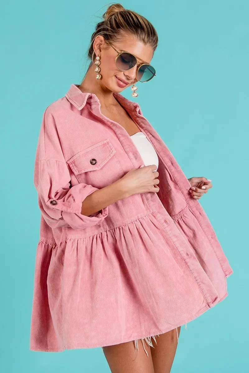 Corduroy Ruffle Peplum Button Up Shirt