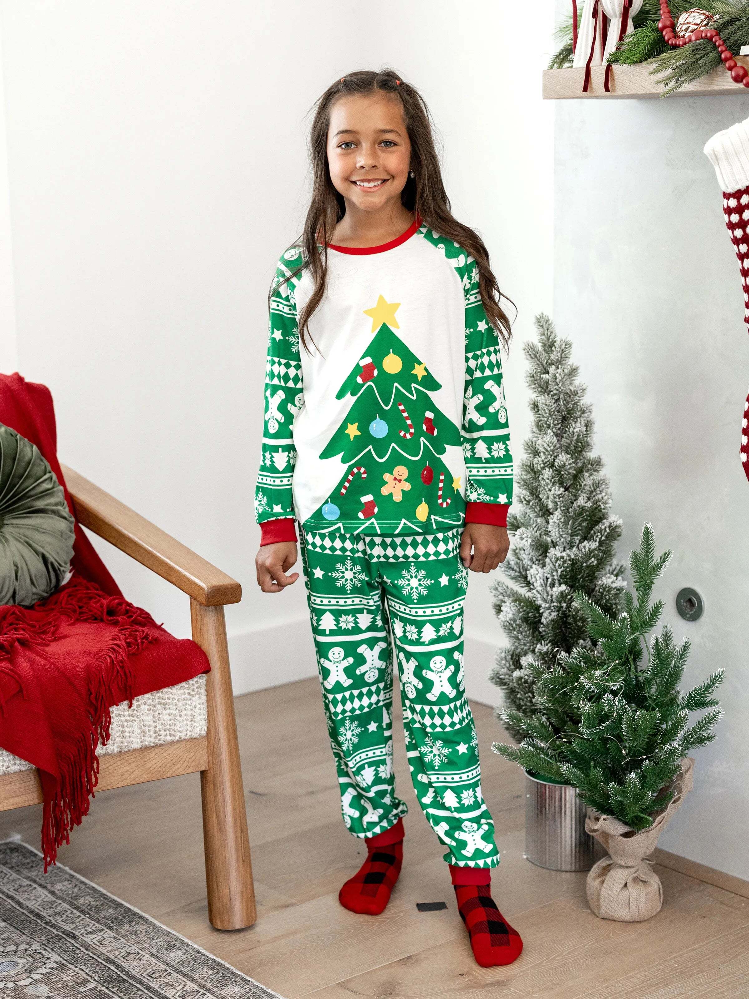 Christmas Matching Family Pajamas Set Gingerbread and Christmas Tree Print Green PJS with Christmas Socks Green