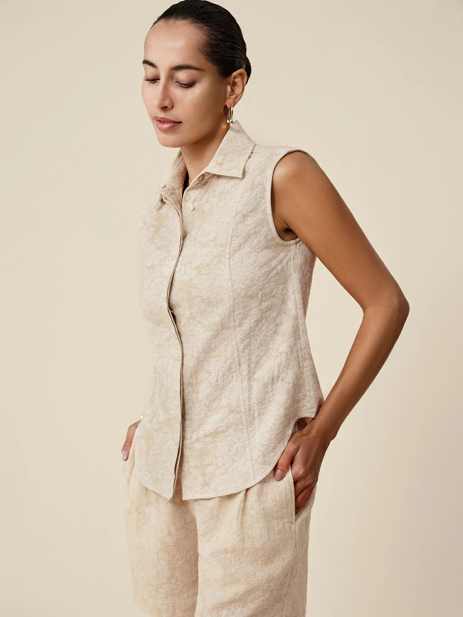 Cotton & Linen Lapel Sleeveless Jacquard Shirt