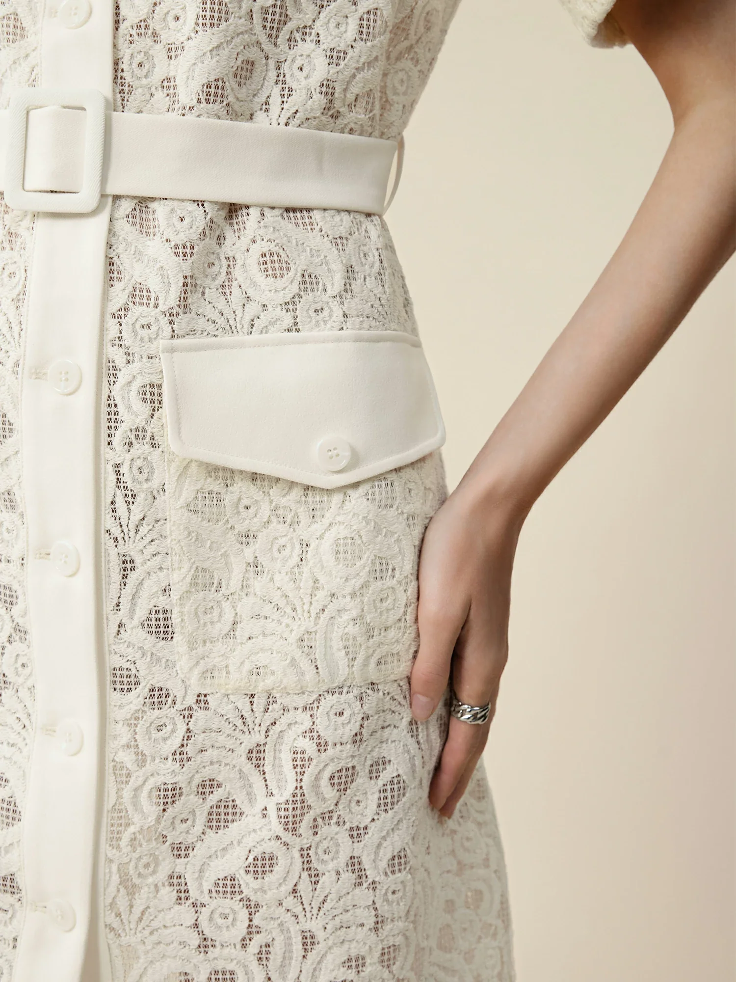 70% Cotton Lapel Short Sleeve Lace Pocket Dress