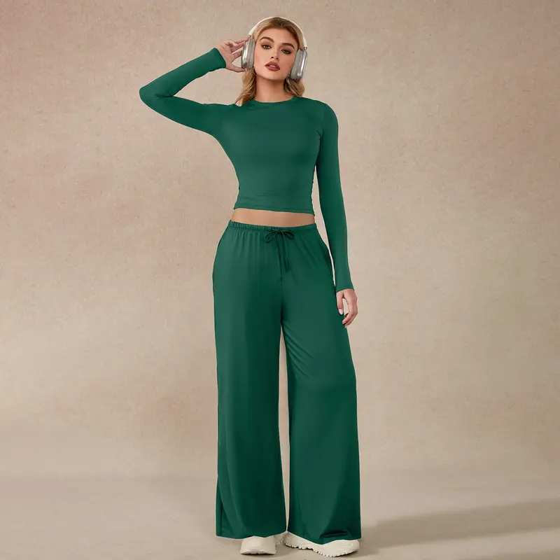 Women’s Long-Sleeve Crop Top & Wide-Leg Pants Activewear Set