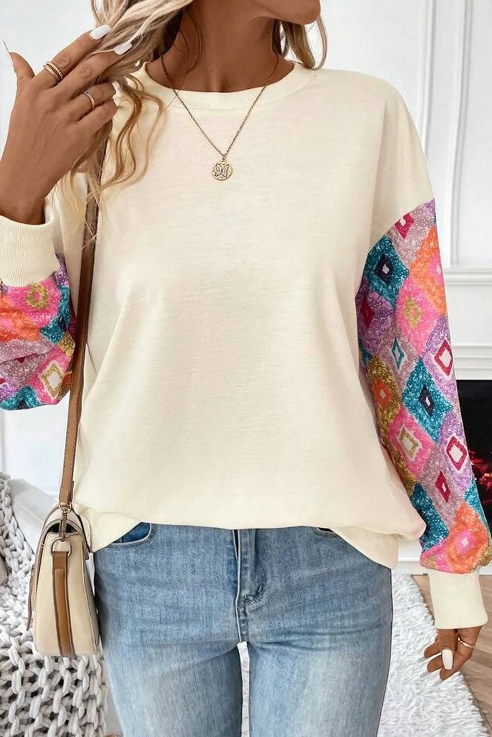 Geometric Printed Patchwork Long Sleeve Round Neck Top