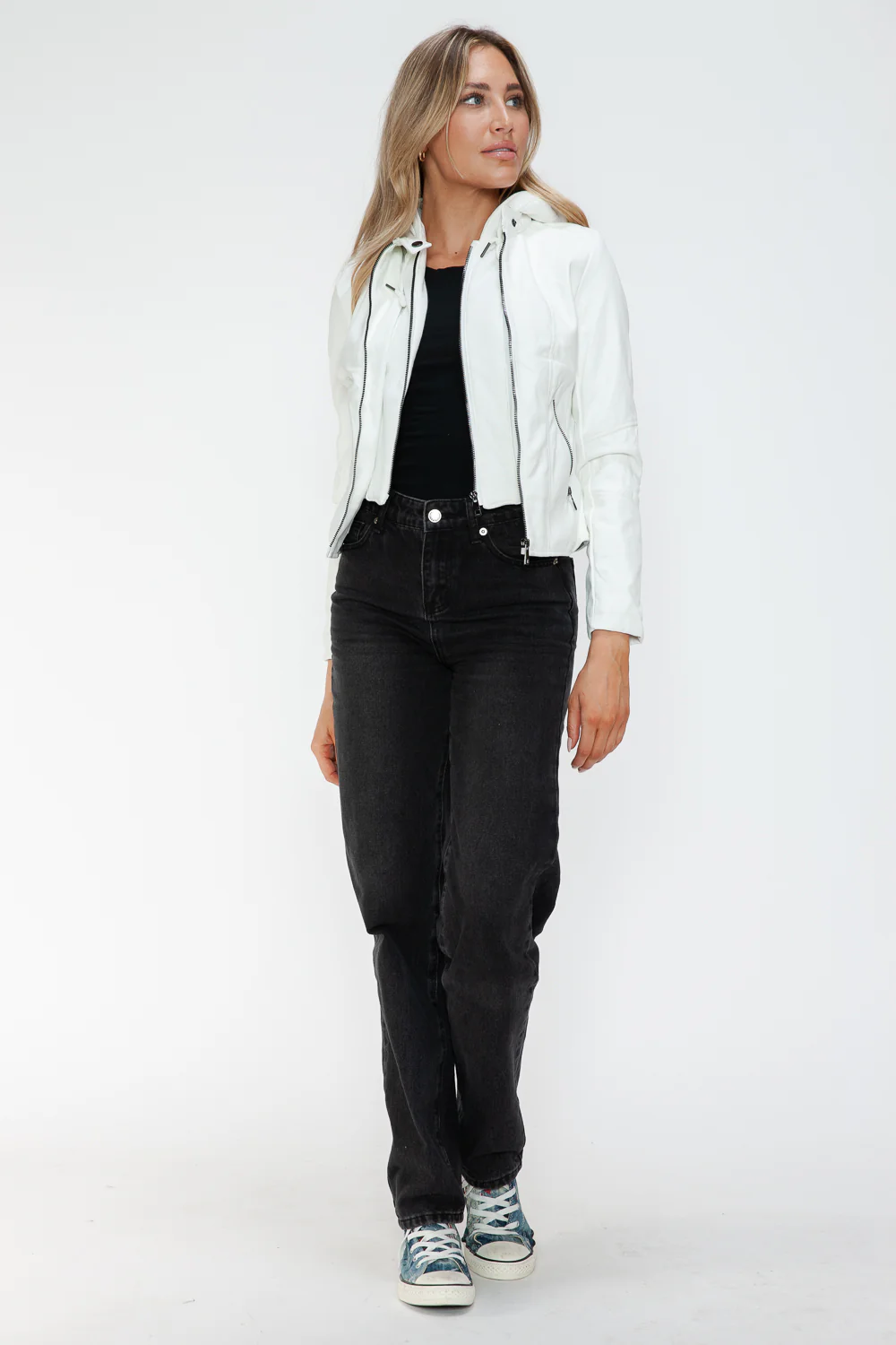 Faux Leather Zip Up Drawstring Hooded Jacket