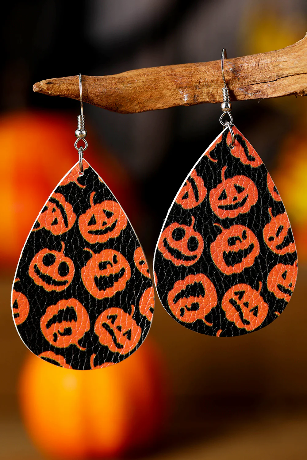 Orange Halloween Pumpkin Face Printed Waterdrop Shape Hook Earrings