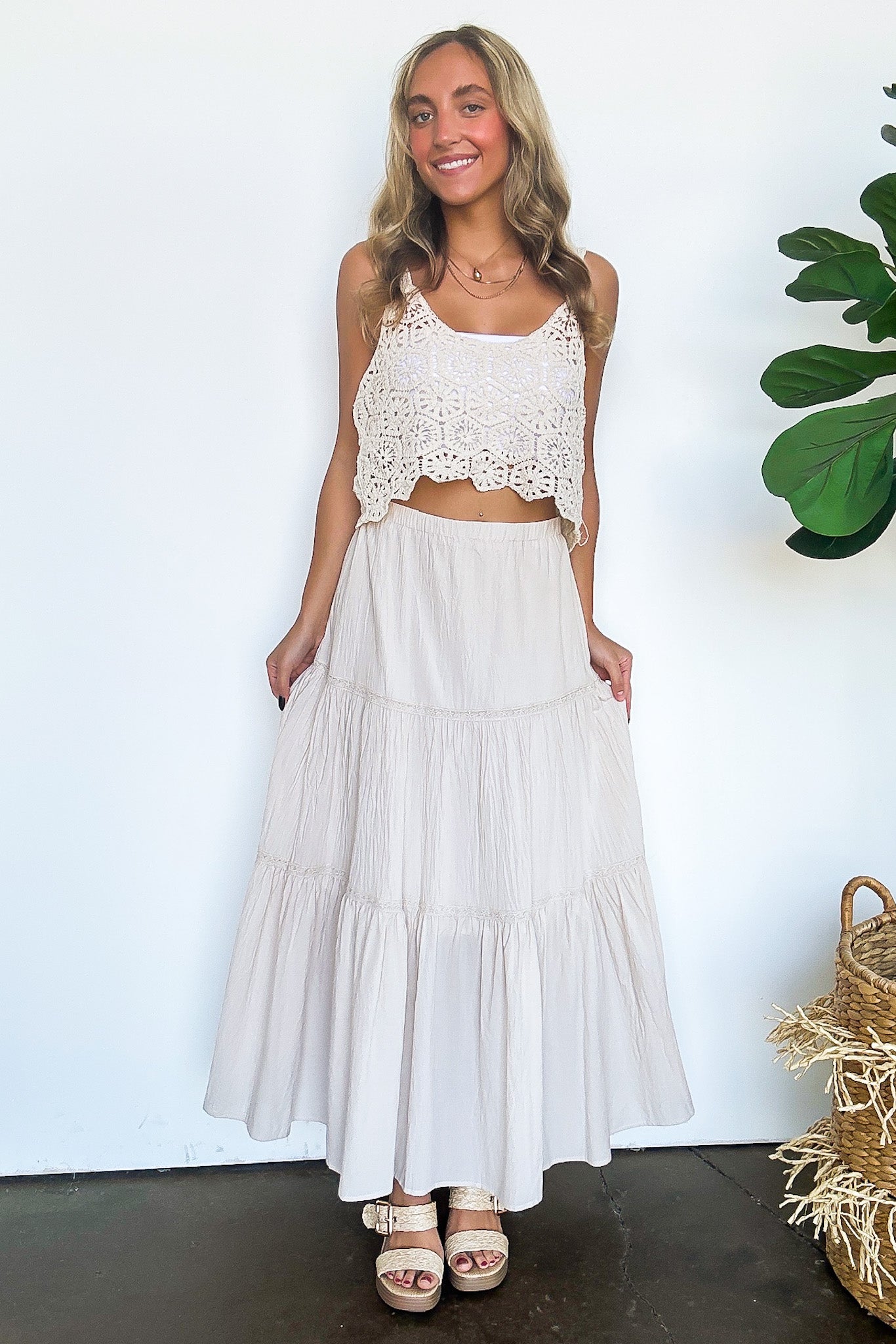Crochet Detail Tiered Maxi Skirt