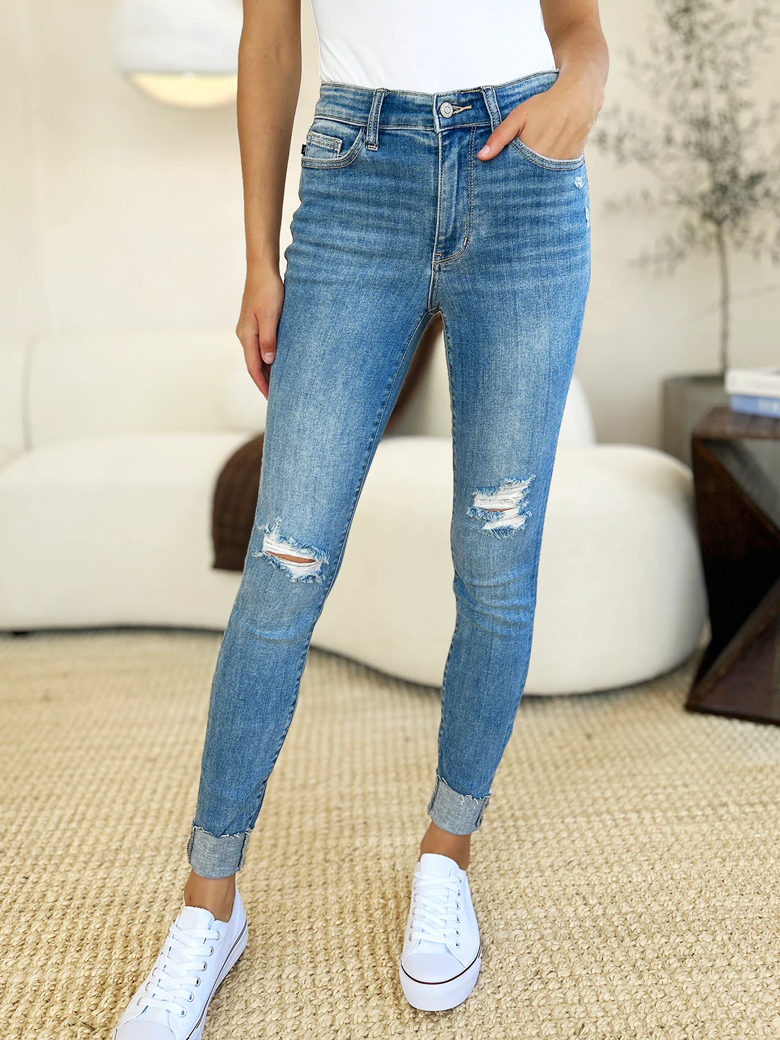 Blue Full Size Mid Rise Destroy & Cuff Skinny Jeans